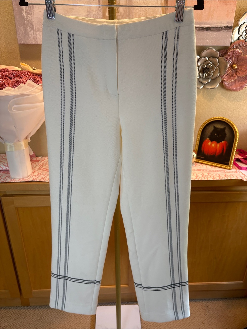 BCBGMaxAzria Cream Dress Pants with Gray Vertical Stripes